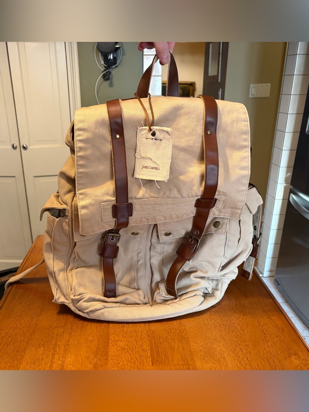 James Campbell Canvas Tote in Cream with Brown Trim - Picture 3 of 4